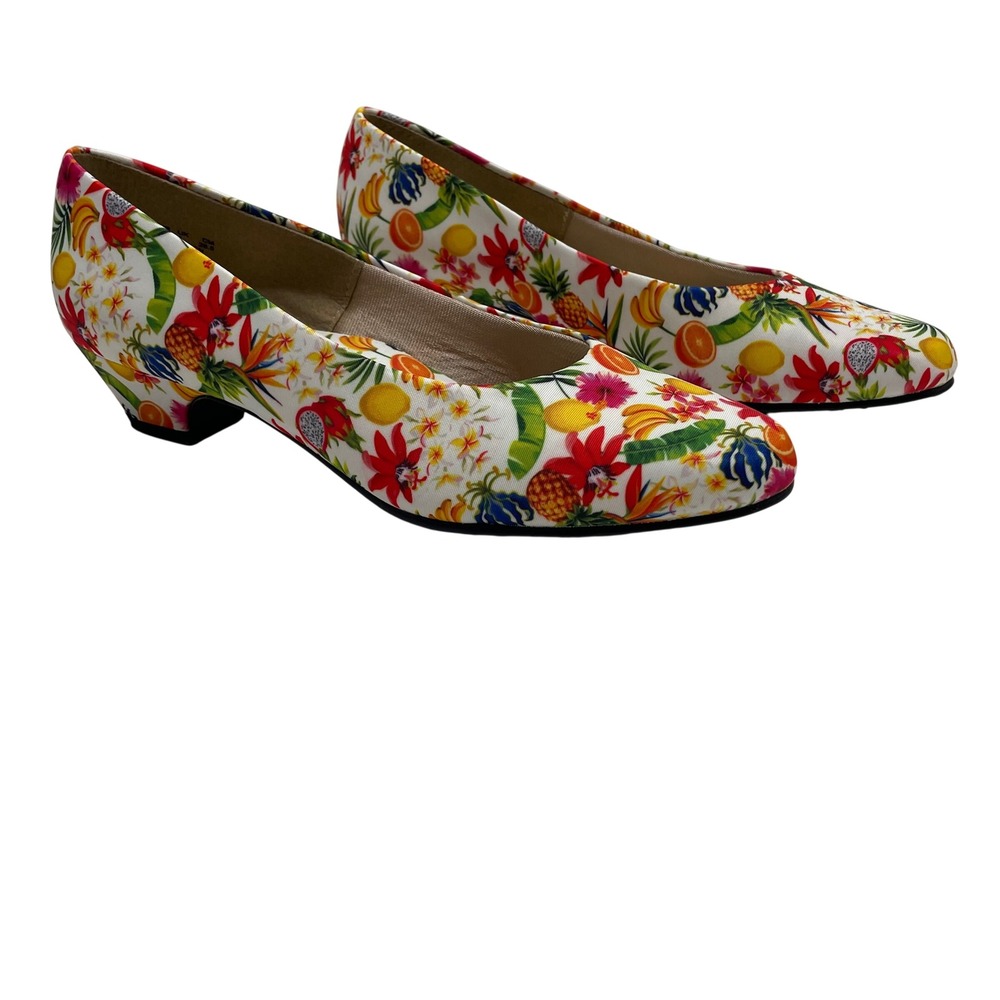 Soft Style Hush Puppies Womens 9 Tropical Fruit Print Low Wedge Pump Bold Unique